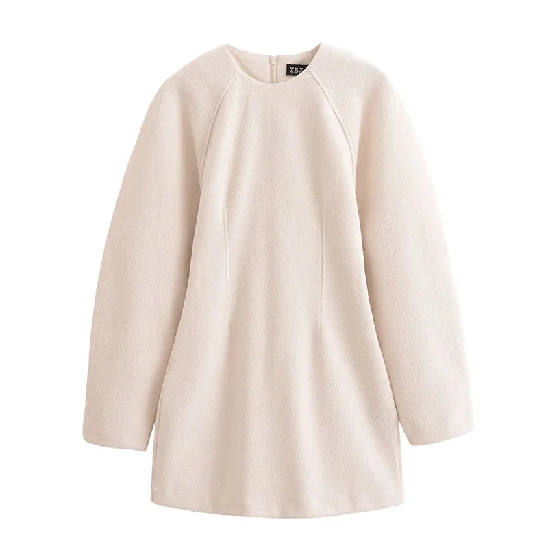TRAFZA Autumn New Fashion Women Dresses Solid Long Lantern Sleeves Zipper Female Chic Holiday Style Loose Mini Dress Mujer