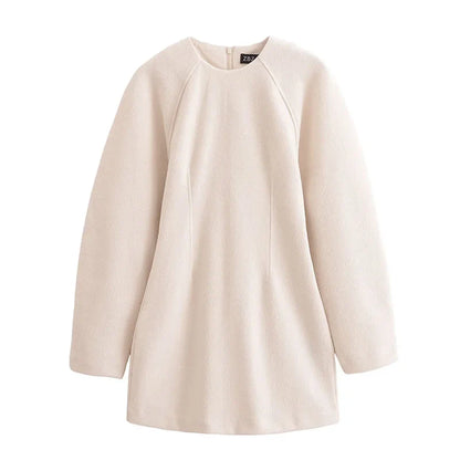 TRAFZA Autumn New Fashion Women Dresses Solid Long Lantern Sleeves Zipper Female Chic Holiday Style Loose Mini Dress Mujer