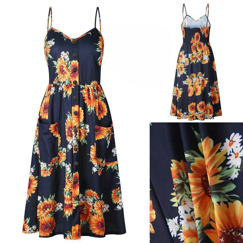 Summer New Women Sexy Sling Pocket Button Dot Beach Dress 2024 Female Bohemia Holiday Retro Fashion Solid Color Women's Clothing