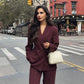 Vintage Women's Burgundy Blazers Elegant Lapel Double Breasted Pocket Full Sleeve Suit Jacket 2024 Autumn Lady Office Outwear