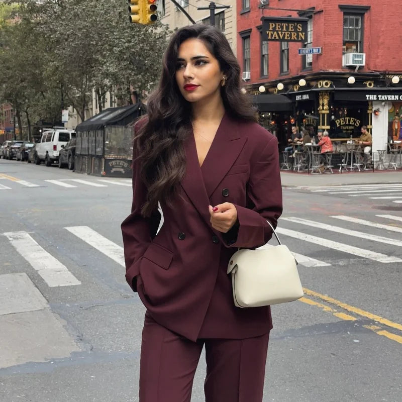 Vintage Women's Burgundy Blazers Elegant Lapel Double Breasted Pocket Full Sleeve Suit Jacket 2024 Autumn Lady Office Outwear