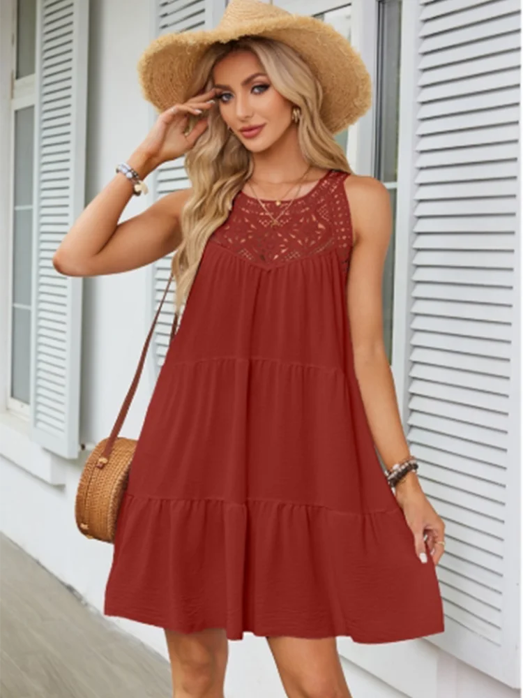 Round Neck Casual Short Sleeved Solid Color Lace Hollow Out Women's Dress Fashionable Street Fresh Sweet Style Summer Dress