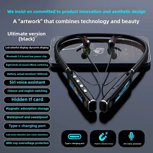 РК-екран спортивної гарнітури Bluetooth на шиї, прихована TF-карта живлення, цифровий дисплей, тривалий час роботи від акумулятора, гарнітура з великою ємністю акумулятора