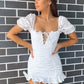 Lace Up Embriodery White Lace Dress Women Hollow Out Beach Summer Dress Puff Sleeve Ruffle Ruched Bodycon Mini Dress Vestidos