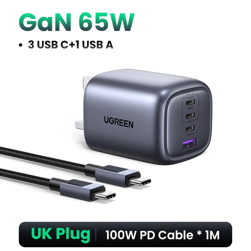 UGREEN 65W GaN зарядний пристрій 4 порти USB C швидка зарядка Quick Charge 3.0 PD 3.0 для Macbook Air, ноутбуків, планшетів, iPhone 16 15 14 Pro Max