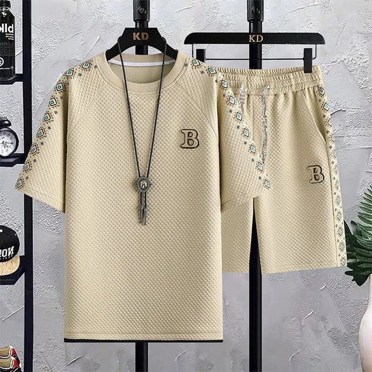 Summer New Fashion Trend Short Sleeve Shorts Ice Silk Suit Men Loose Sports Breathable Large Size High Quality Two-Piece Set