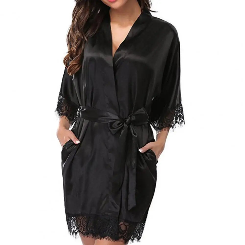 Imitation Ice Silk Night Dress Women Sleepwear Nightwear Lace Half Sleeve Belt Kimono Women Bathrobe Nightgown пижама женская