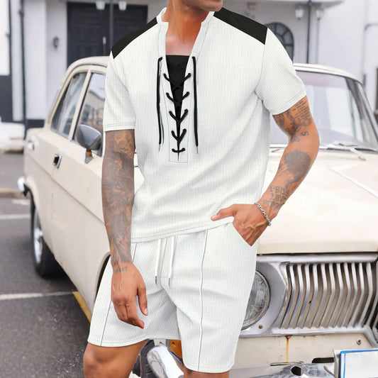 2025 summer men's new leisure fashion city wear rope round neck T trend Waffle short-sleeved shorts two-piece suit