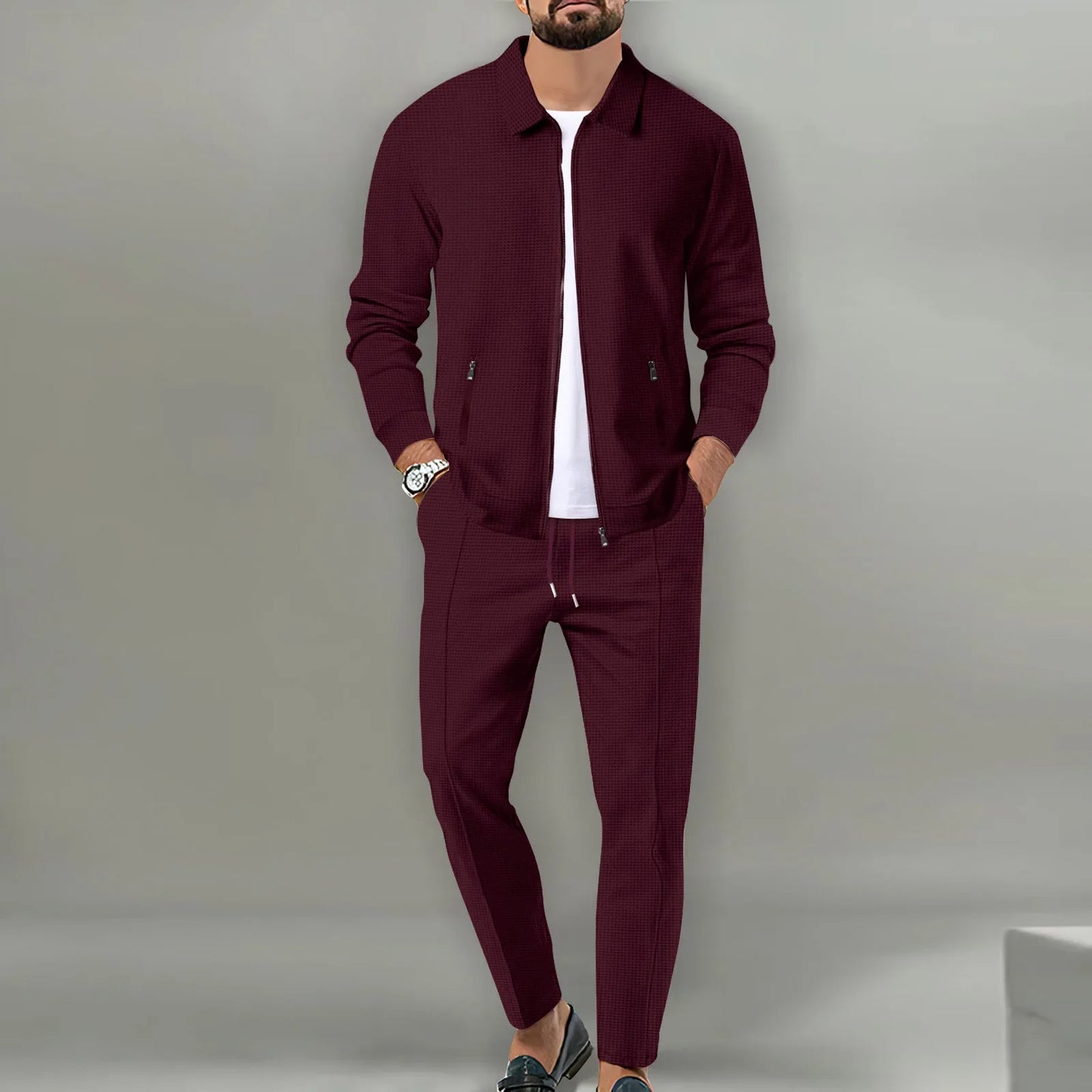 Autumnwinter men's casual blazer set new fashion Waffle baseball suit round neck pocket zipper long sleeve trousers two-piece se