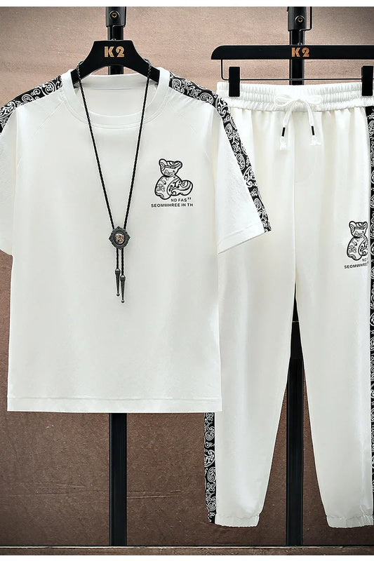 Summer Men's Trousers Tracksuit 2 Piece Set Fashion Tops Tees Ice silk Short Sleeve T Shirt+Pants Vintage Casual Sweatpants