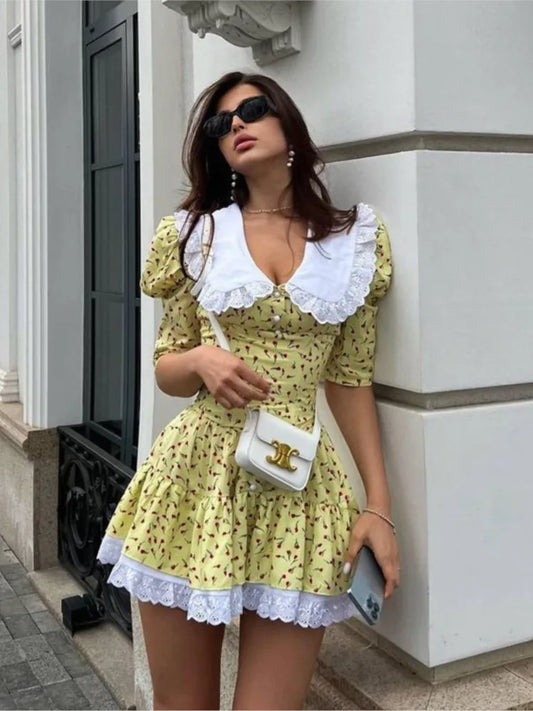 Summer Floral Printed Patchwork Mini Dress Female V-Neck Short Sleeve Slim Fashion Elegant Party Dresses Gown For Women Vestidos