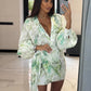 Clacive Sexy Loose Print Women's Dress 2024 Fashion V-Neck Puff Sleeve Mini Dresses Elegant Classic Lace-Up Dress Female Clothes