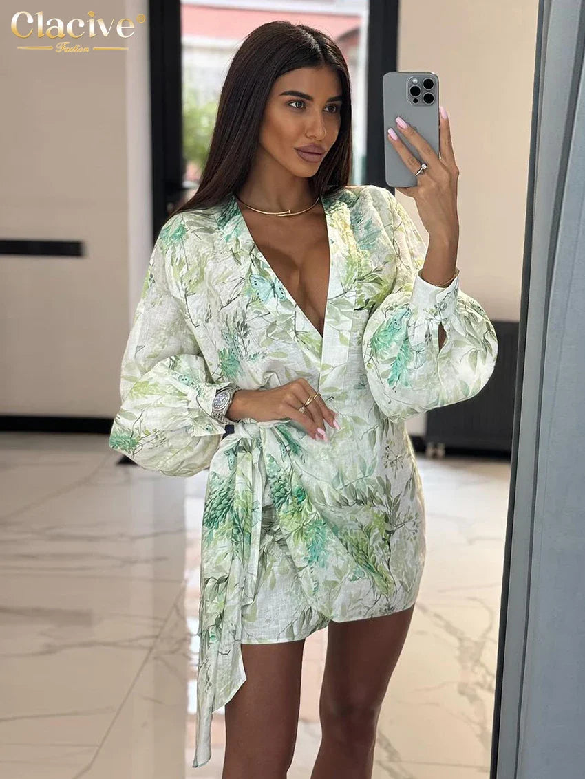 Clacive Sexy Loose Print Women's Dress 2024 Fashion V-Neck Puff Sleeve Mini Dresses Elegant Classic Lace-Up Dress Female Clothes