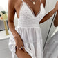 Women Summer Dress Solid Color Crochet Spaghetti Strap V-Neck Backless Tied Braces Short Dress for Girls White