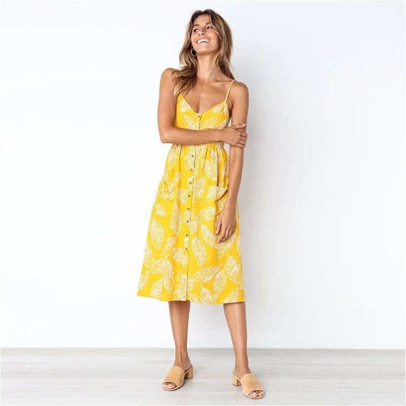 Summer New Women Sexy Sling Pocket Button Dot Beach Dress 2024 Female Bohemia Holiday Retro Fashion Solid Color Women's Clothing