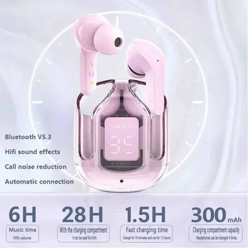 TWS бездротові Bluetooth навушники з шумозаглушенням, HiFi стерео, спортивні навушники з цифровим дисплеєм, прозорий зарядний кейс
