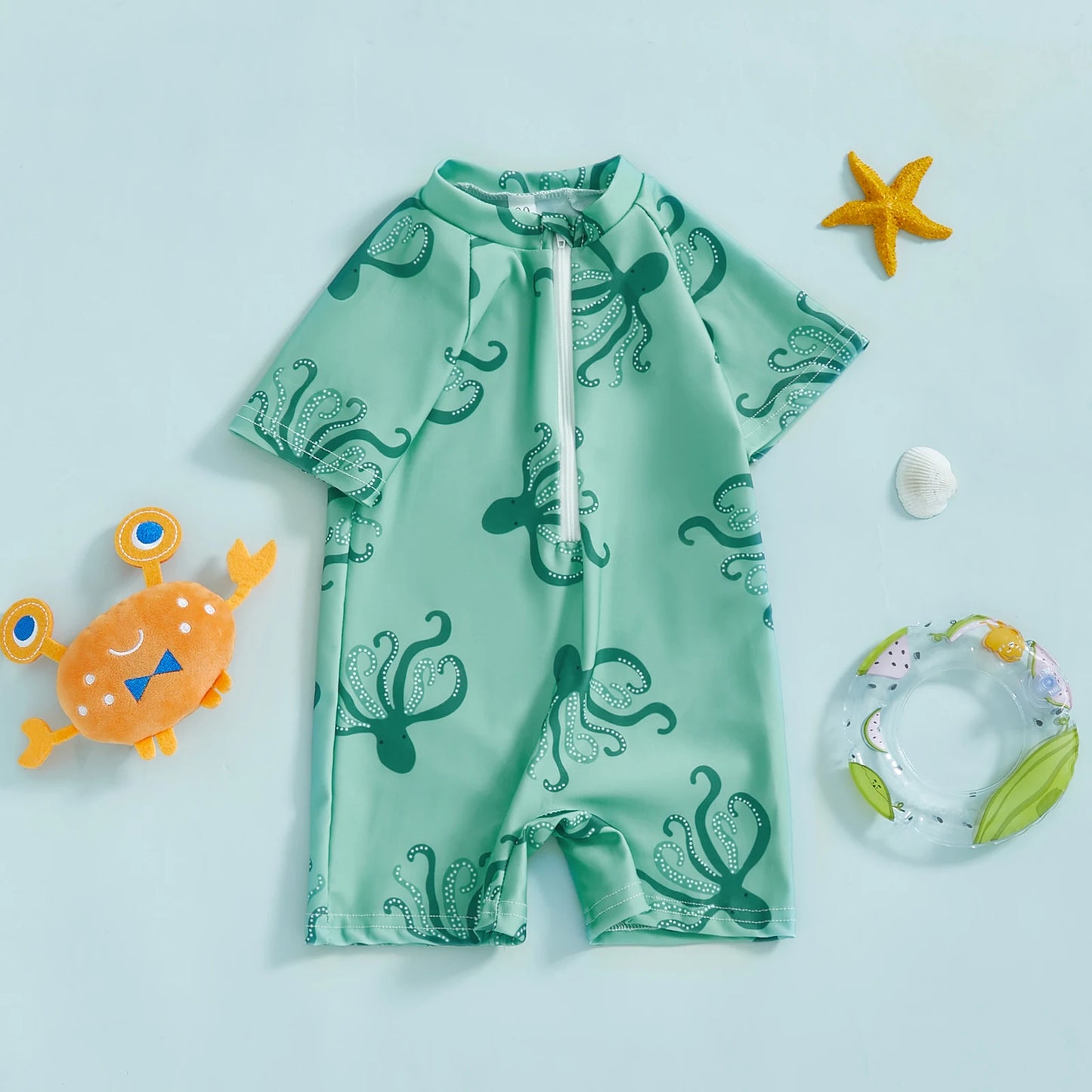 MISOWMNJOY Summer Children Boys Rash Guard Swimsuit Cute Octopus Print Zip Up Short Sleeve Baby Boys Swimwear Bathing Suit
