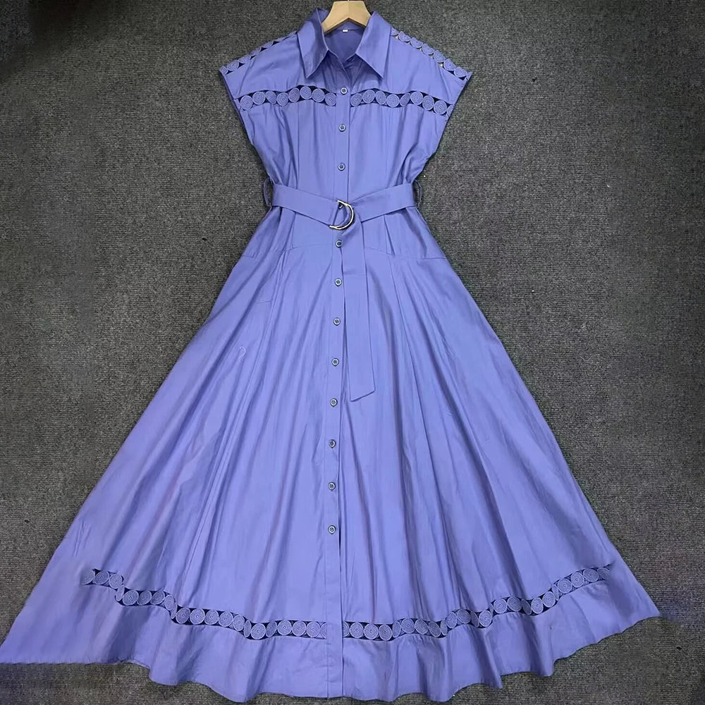 VGH Solid Color Patchwork Sashes Women's Party Dresses Lapel Short Sleeve High Waist Spliced Hollow Out Pleated Dress Female New