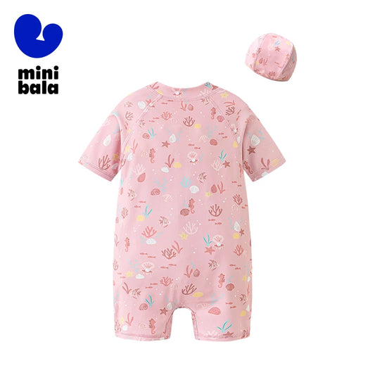 Цільний купальник Mini Bala для хлопчиків і дівчаток з короткими рукавами, захист від сонця з шапочкою для плавання, літо 2025, для басейну та пляжного відпочинку