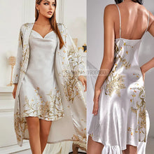 Print Cherry Kimono Robe Gown With Suspender Strap Nightgown Suit Satin Women Bathrobe Sexy Lingerie Rayon Summer Sleepwear
