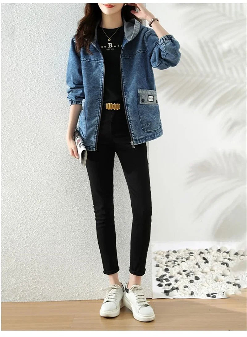 Women Denim Jacket New Spring Autumn Long Sleeve Tops Female Casual Hooded Jeans Jackets Women Big pocket Cowgirl Outerwear