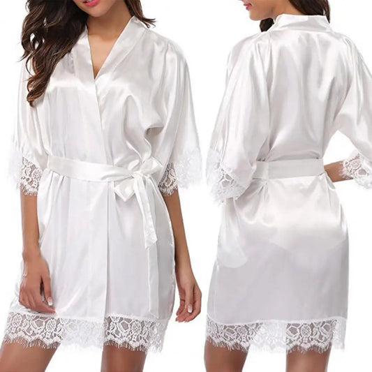 Imitation Ice Silk Night Dress Women Sleepwear Nightwear Lace Half Sleeve Belt Kimono Women Bathrobe Nightgown пижама женская