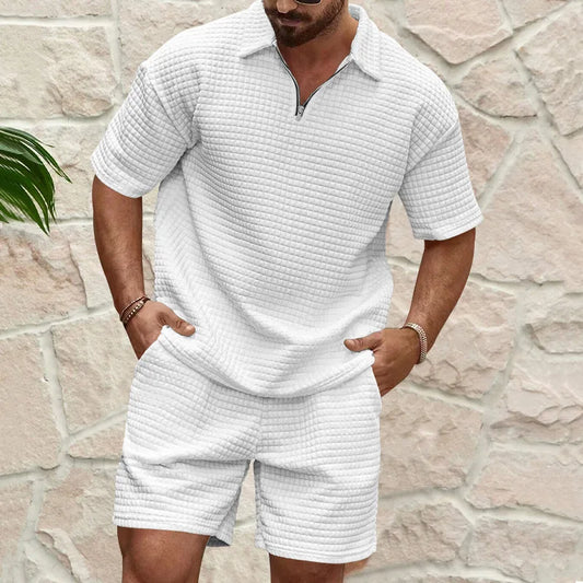 2025 Summer Foreign Trade New Men's Casual Trend Fashion Comfortable Waffle Solid Color Lapel Shirt Sports Suit Pant Sets