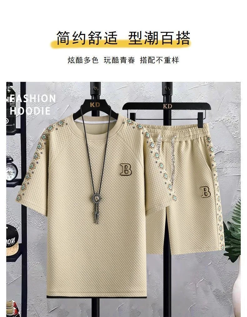 Summer New Fashion Trend Short Sleeve Shorts Ice Silk Suit Men Loose Sports Breathable Large Size High Quality Two-Piece Set