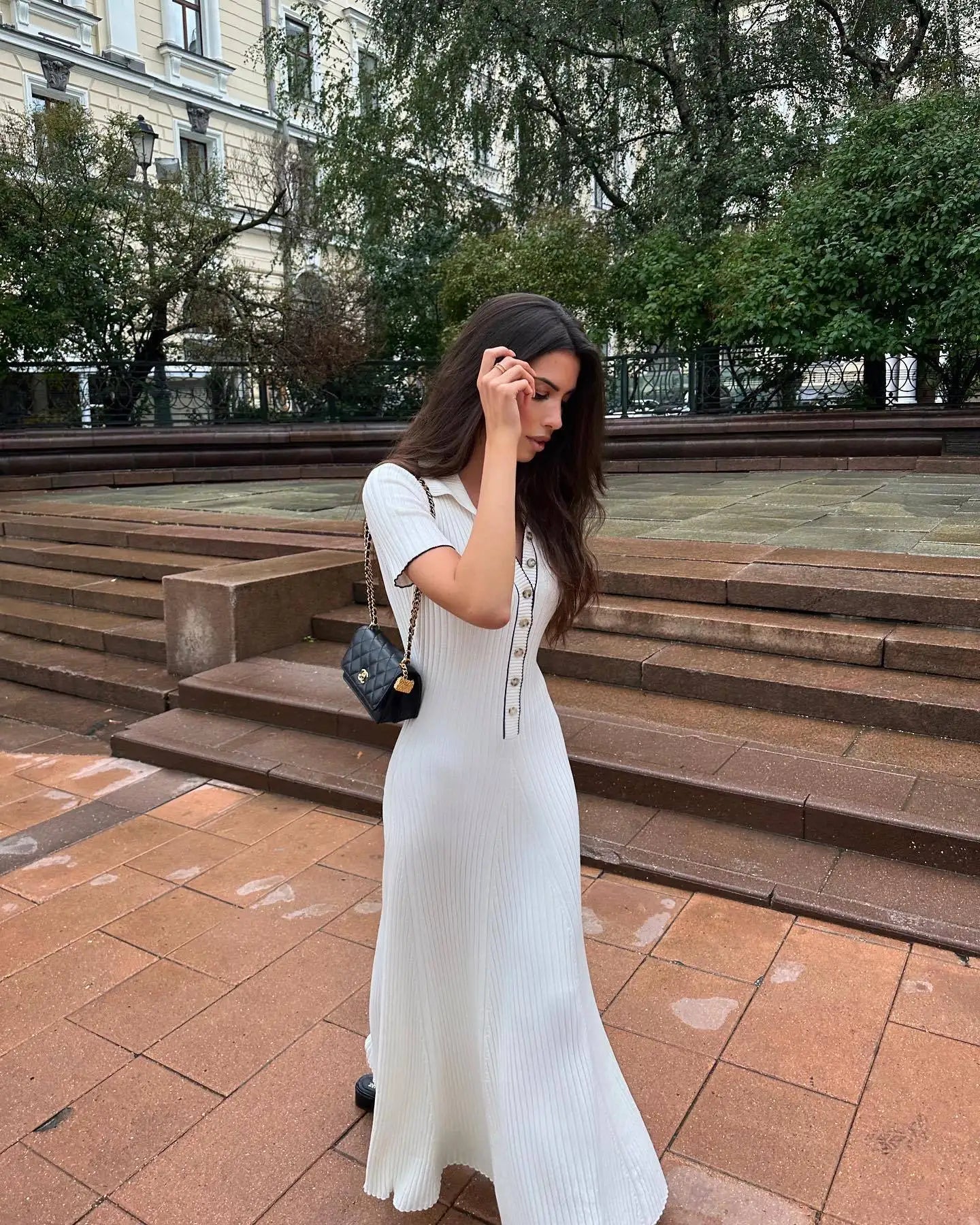 Elegant V Neck Denim Patchwork Knitted Long Dress Women Fashion Short Sleeved Buttons Bodycon Dresses Office Lady Pockets Robes