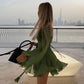 Unique Split Long Sleeves V Neck Woman Soft Mini Dress Sexy Lady Pleated Hem Green Short Dresses New Fall Beach Party Vestidos