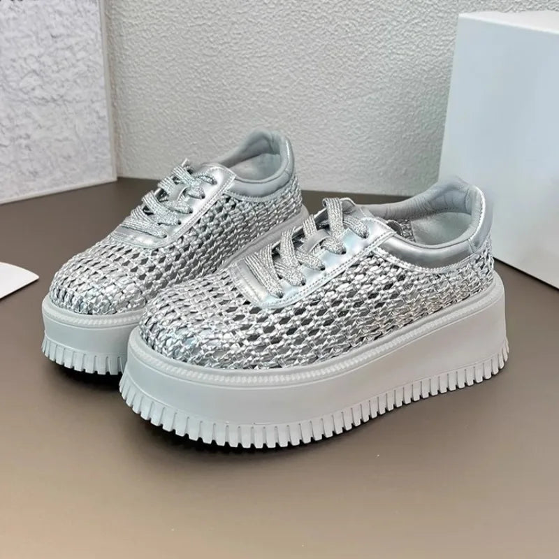 Summer Cutout Mesh Woven Casual Sneakers Round Toe Breathable Mesh Lightweight Front Lace-Up Booster Platform Shoes