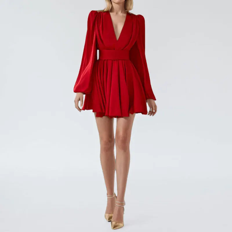 Elegant Women's Red Dresses 2024 Autumn New  Dress V-neck Sexy Short Skirts Parti Elbiseleri Kleider Damen Vestidos Para Festas