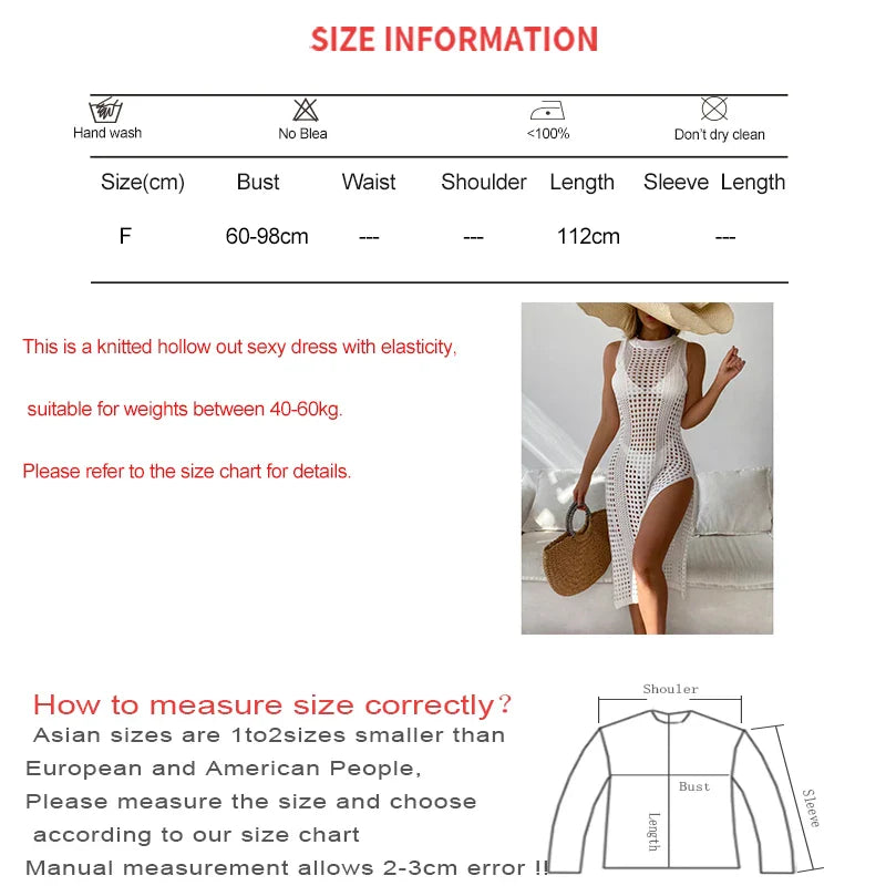 Abrini Women Hollow Out Crochet Cover Up Swimwear Sleeveless Bikini Dress Smock Split Sexy Beach Knitwear Solid Swimsuit