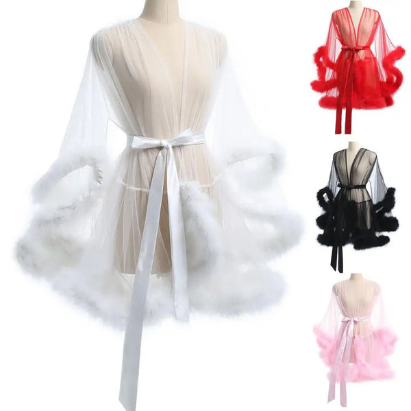 Women Solid Color Nightgown Mesh Ruffle Nightgown with Adjustable Waist Tie Sexy Plush Trim Sleepwear for Women Elegant Solid