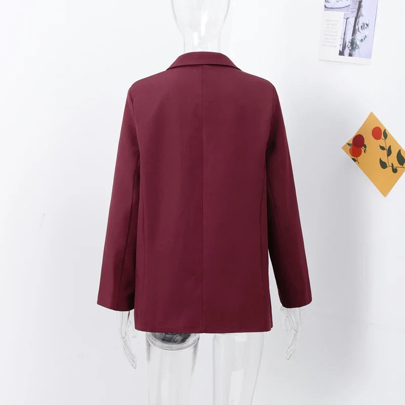 Vintage Women's Burgundy Blazers Elegant Lapel Double Breasted Pocket Full Sleeve Suit Jacket 2024 Autumn Lady Office Outwear