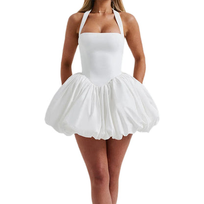 Women Fashion Sexy Cocktail Mini Dress Solid Halter Neck Bubble Dress Kawaii Tie Up A Line Dress Sexy Corset Club Dresses