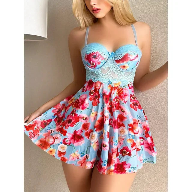 Sexy Nightgown Woman Print Floral Romantic Lingeries Attractive Sleepwear Summer Pajamas Intimate Babydoll New Dresses