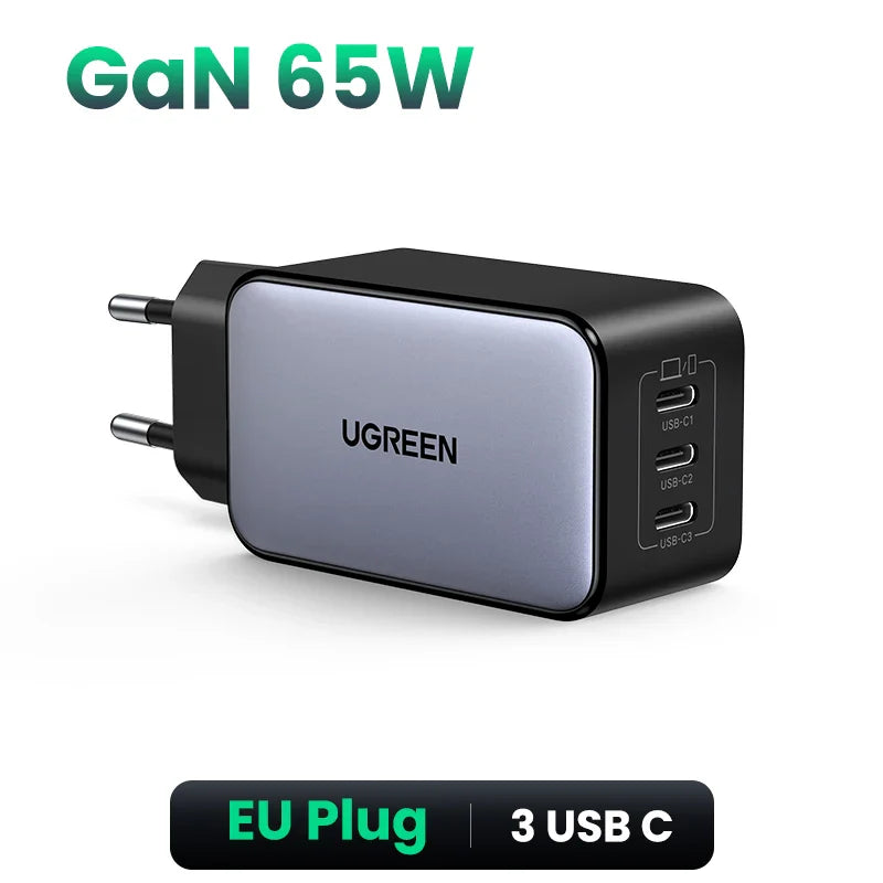 UGREEN 65W GaN зарядний пристрій 4 порти USB C швидка зарядка Quick Charge 3.0 PD 3.0 для Macbook Air, ноутбуків, планшетів, iPhone 16 15 14 Pro Max
