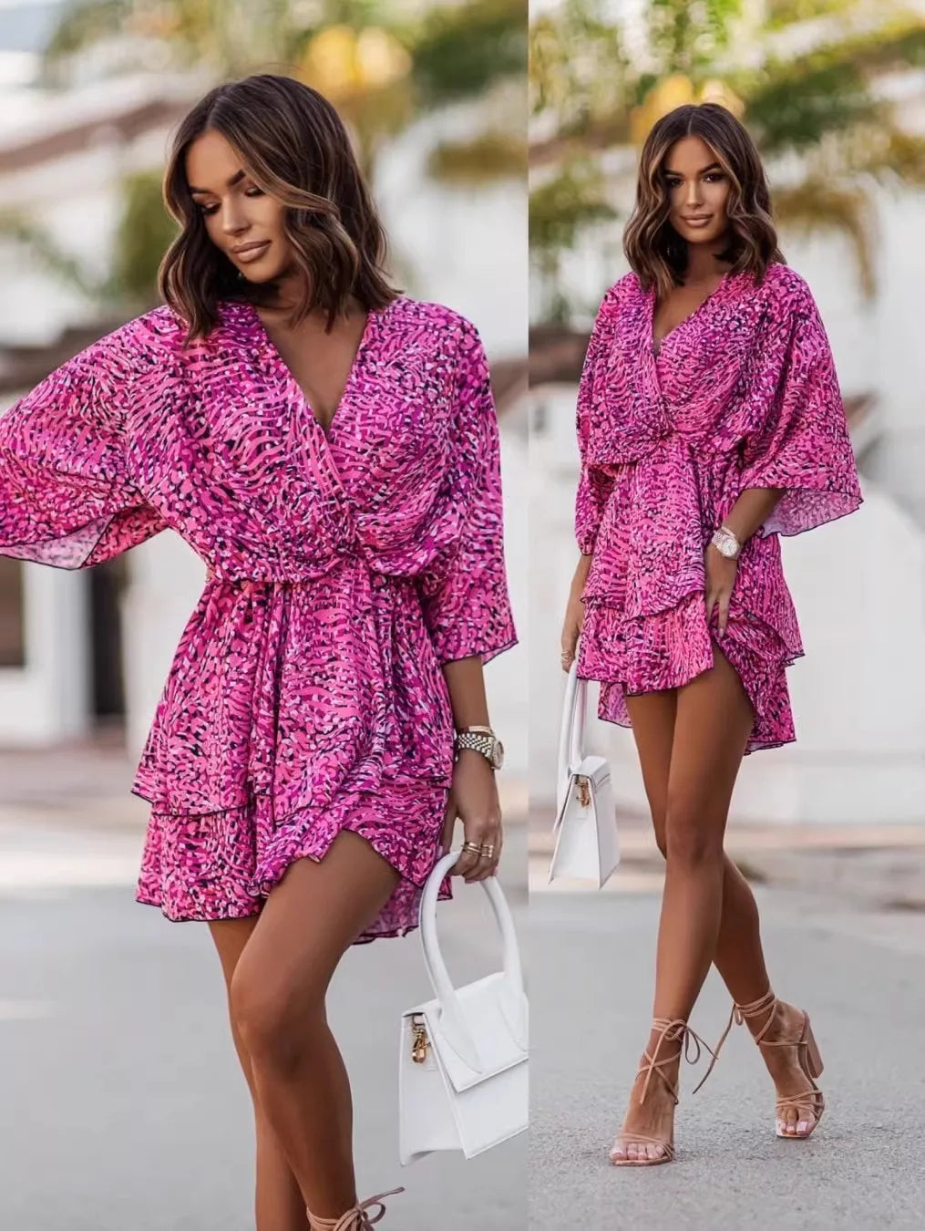 Elegant Summer Ruffl Mini Dress Office Dress for Women's Casual Bat Sleeve Flowers Print Bohemian Beach Vacation Sundress Women