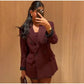 Vintage Women's Burgundy Blazers Elegant Lapel Double Breasted Pocket Full Sleeve Suit Jacket 2024 Autumn Lady Office Outwear