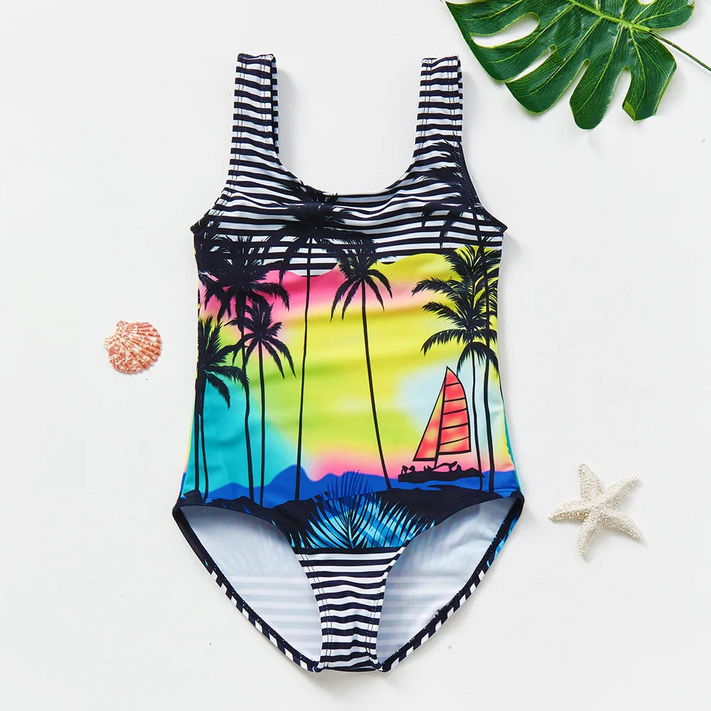 One Piece Girl Swimsuits 2 3 4 5 6 Year Baby Printed Swimwear Summer Beach Bathing Bikini Clothes Kids Bow Seaside Swimming Wear