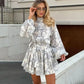 White Elegant Mini Shirt Dress Women Fashion Ruffles Lantern Sleeve Dresses For Women 2025 Vintage Print Lace Up Robe Femme