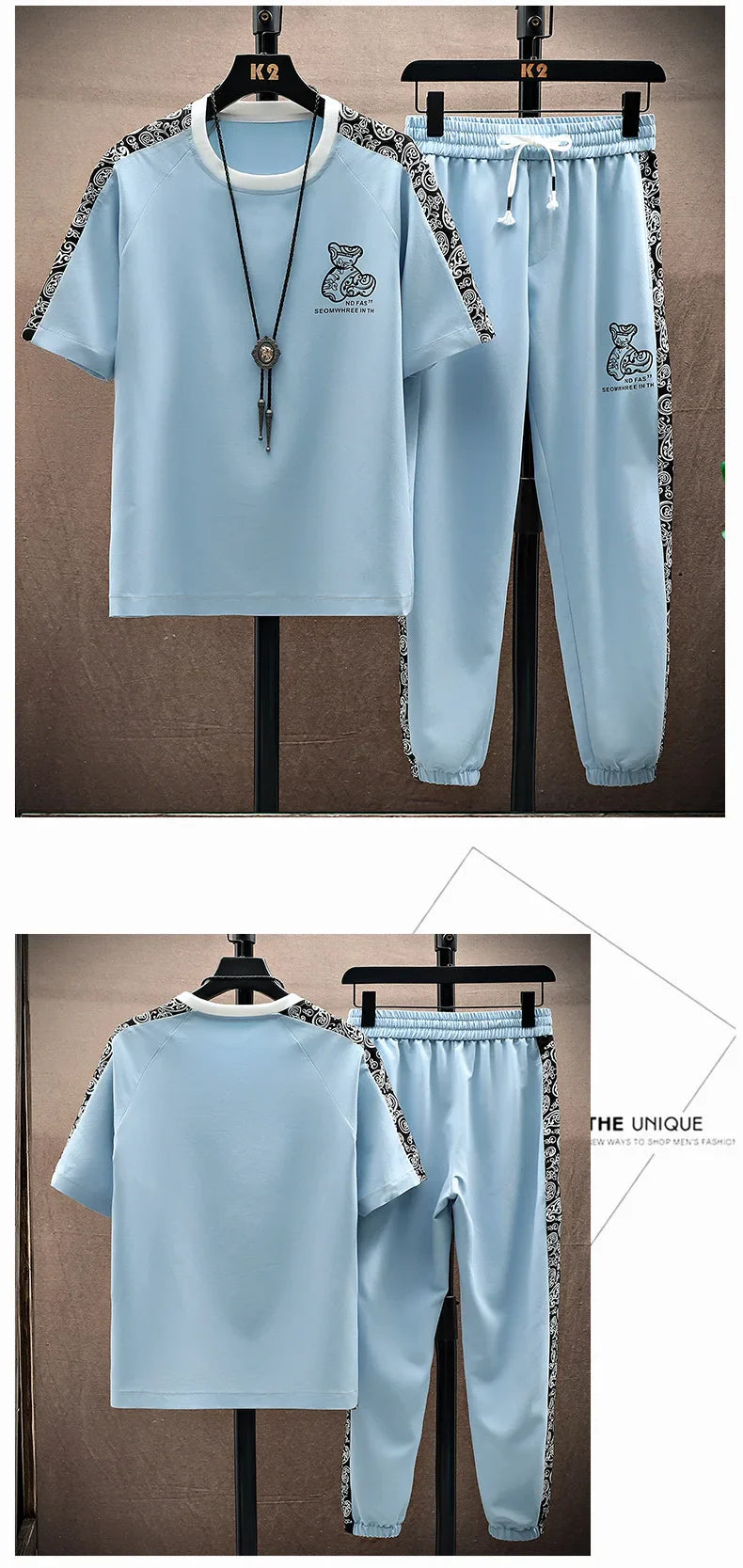 Summer Men's Trousers Tracksuit 2 Piece Set Fashion Tops Tees Ice silk Short Sleeve T Shirt+Pants Vintage Casual Sweatpants
