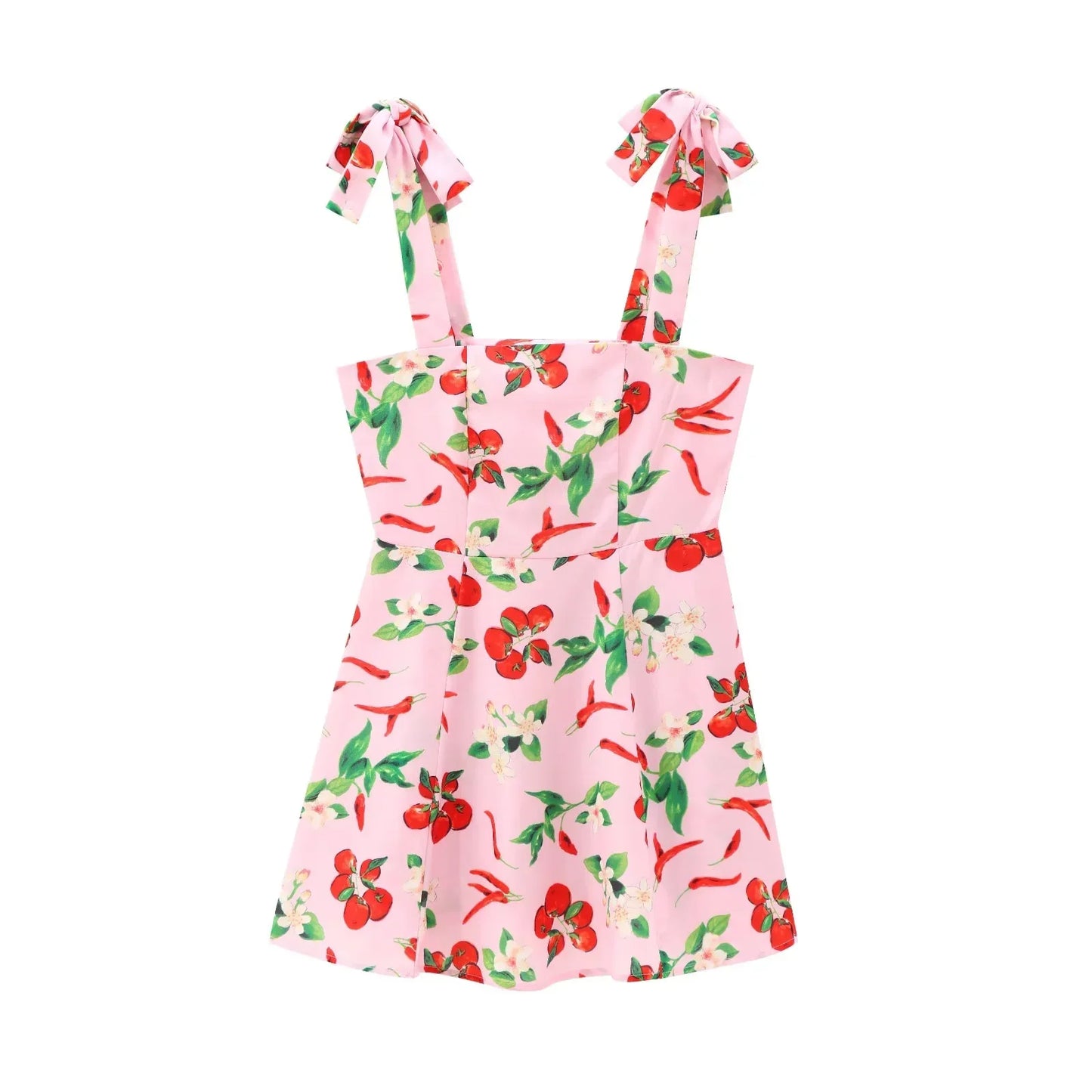 TRAF Woman Fruit Print Slip Dress Tied Sleeveless Yellow Short Dresses Summer Backless Mini Dress Women Beach Holiday Dresses