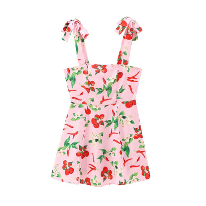 TRAF Woman Fruit Print Slip Dress Tied Sleeveless Yellow Short Dresses Summer Backless Mini Dress Women Beach Holiday Dresses