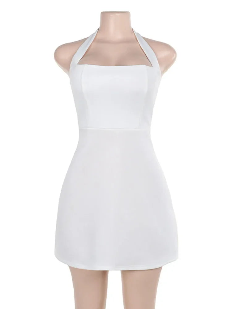 Off Shoulder White Mini Dress Women's Sexy Backless Slim Party Dress Sleeveless Solid Color Bandeau Patchwork Mini Dress
