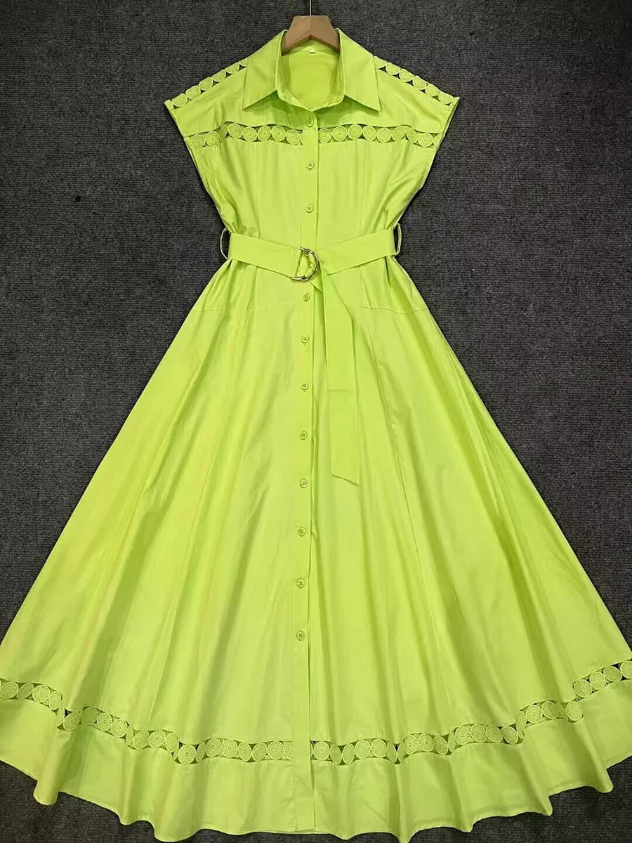 VGH Solid Color Patchwork Sashes Women's Party Dresses Lapel Short Sleeve High Waist Spliced Hollow Out Pleated Dress Female New