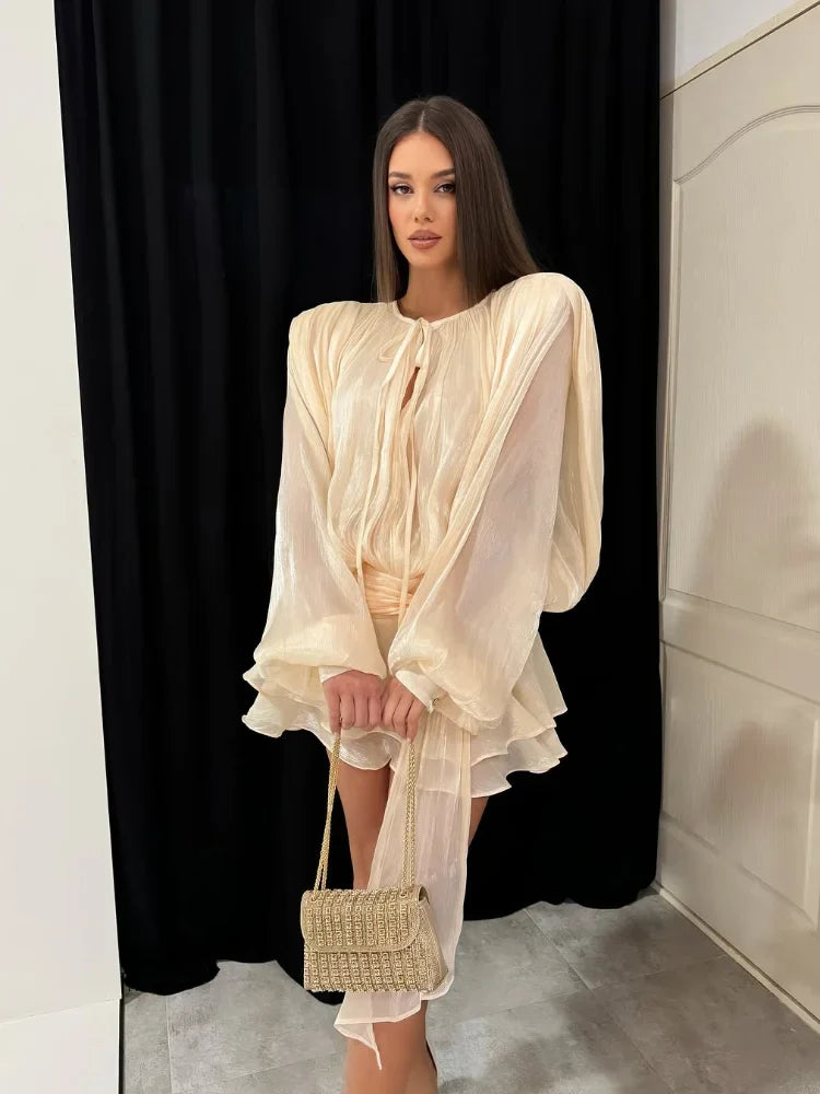 Fashion Ruffles Hem Solid Mini Dress Women Elegant O-neck Lantern Sleeve Short Dresses 2025 New High Street Vocation Vestidos