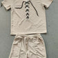 2025 summer men's new leisure fashion city wear rope round neck T trend Waffle short-sleeved shorts two-piece suit