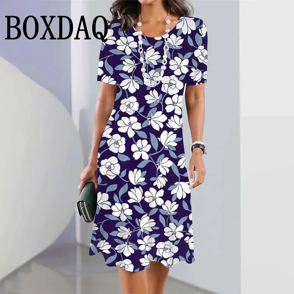 Fashion Flowers Printed Dress Clothing Women's Short Sleeve Summer Elegant O-Neck Mini Dresses Loose Streetwear 2025 New Spring